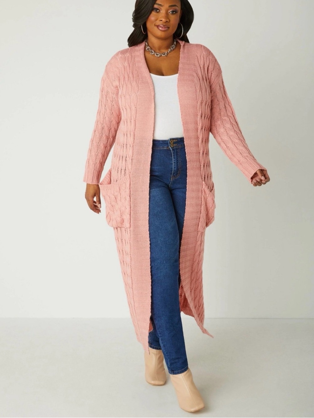 EUC Ashley Stewart Blush Cable Knit Cardigan sweater 26/28 plus size